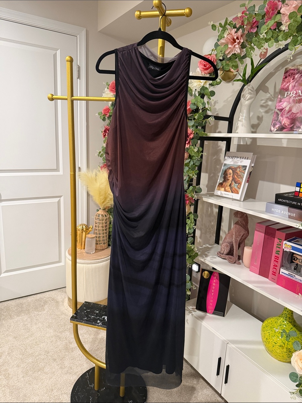 Sleeveless Ombre Draped Maxi Dress in Burgundy to Navy